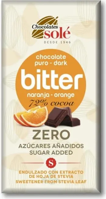 Bitterschokolade 72% Kakao ohne Zuckerzusatz mit Orange mit Stevia 100 g